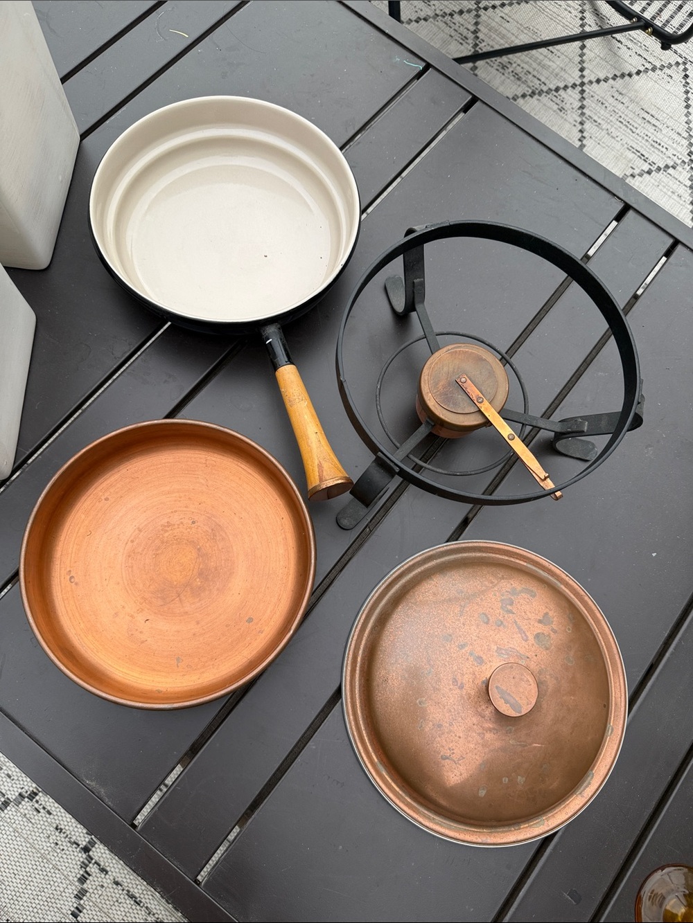 Vintage Copper Serving Pan Set with White Enamel Interior, Wood Handle